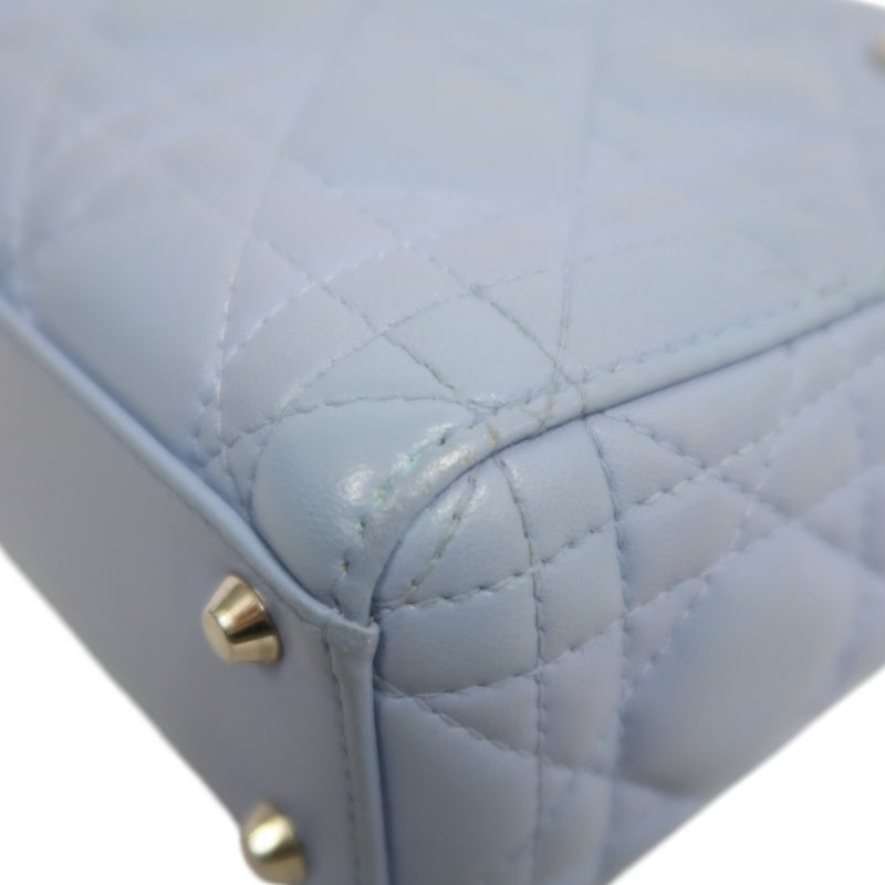 DIOR Lady Dior Cannage Quilted Lambskin Handbag Foggy Blue Gold Hardware With Shoulder Strap