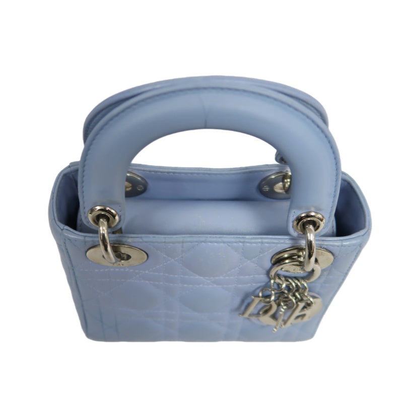 DIOR Lady Dior Cannage Quilted Lambskin Handbag Foggy Blue Gold Hardware With Shoulder Strap