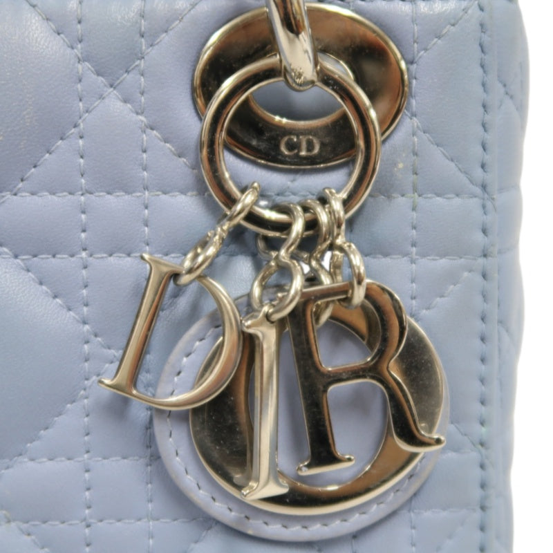 DIOR Lady Dior Cannage Quilted Lambskin Handbag Foggy Blue Gold Hardware With Shoulder Strap