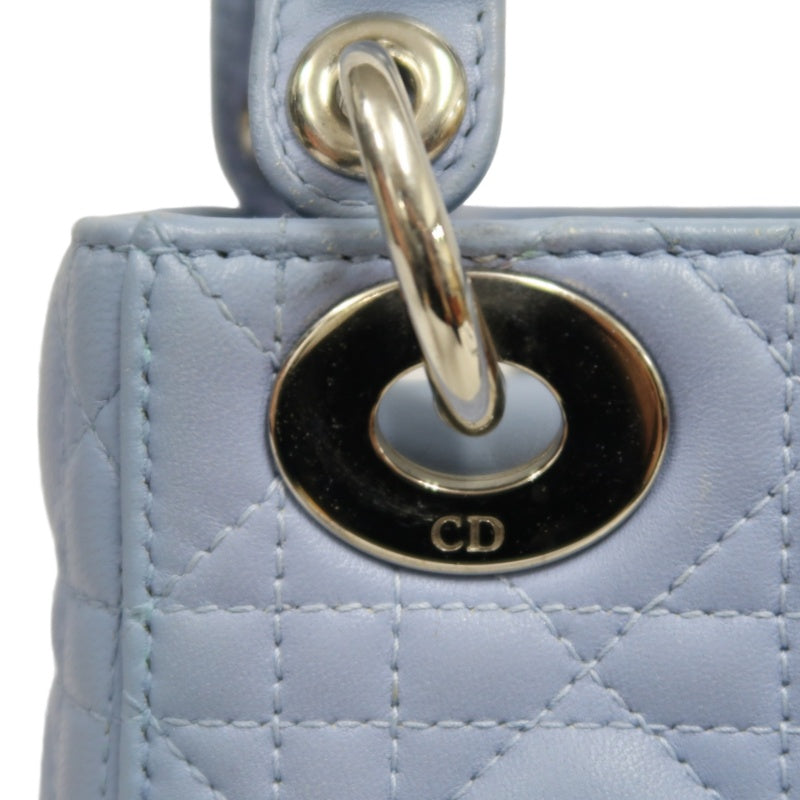 DIOR Lady Dior Cannage Quilted Lambskin Handbag Foggy Blue Gold Hardware With Shoulder Strap