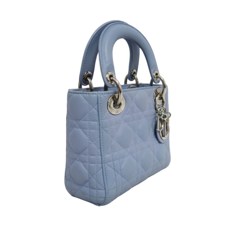 DIOR Lady Dior Cannage Quilted Lambskin Handbag Foggy Blue Gold Hardware With Shoulder Strap
