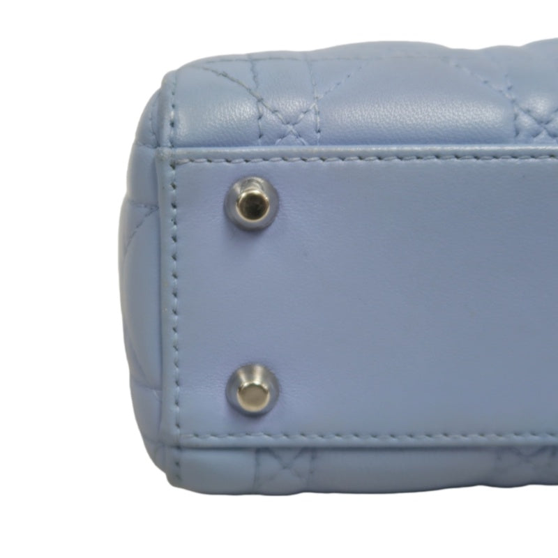 DIOR Lady Dior Cannage Quilted Lambskin Handbag Foggy Blue Gold Hardware With Shoulder Strap