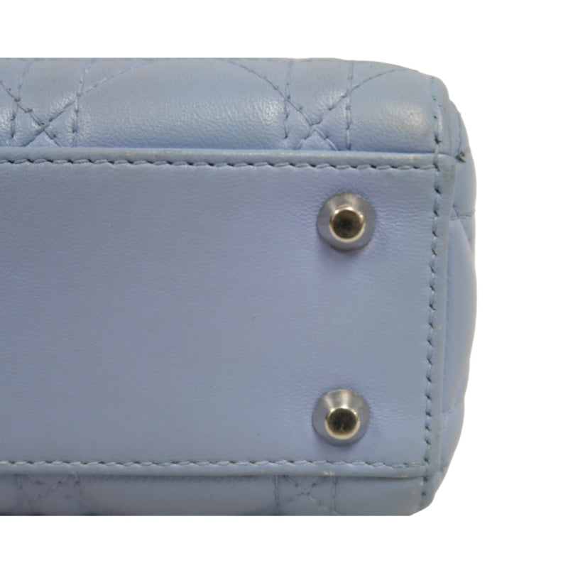 DIOR Lady Dior Cannage Quilted Lambskin Handbag Foggy Blue Gold Hardware With Shoulder Strap