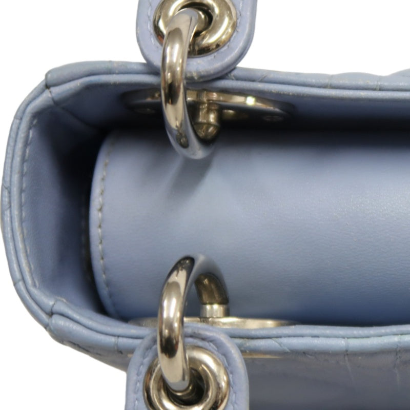 DIOR Lady Dior Cannage Quilted Lambskin Handbag Foggy Blue Gold Hardware With Shoulder Strap