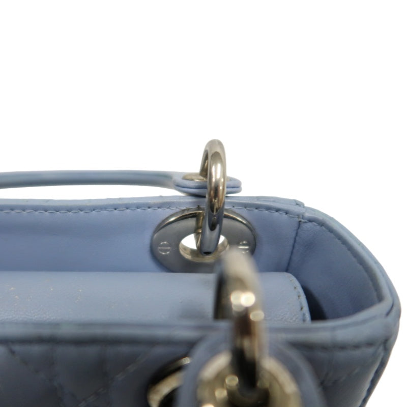DIOR Lady Dior Cannage Quilted Lambskin Handbag Foggy Blue Gold Hardware With Shoulder Strap