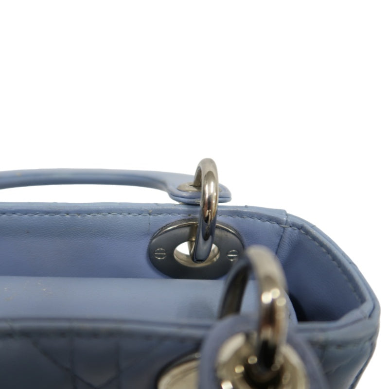 DIOR Lady Dior Cannage Quilted Lambskin Handbag Foggy Blue Gold Hardware With Shoulder Strap