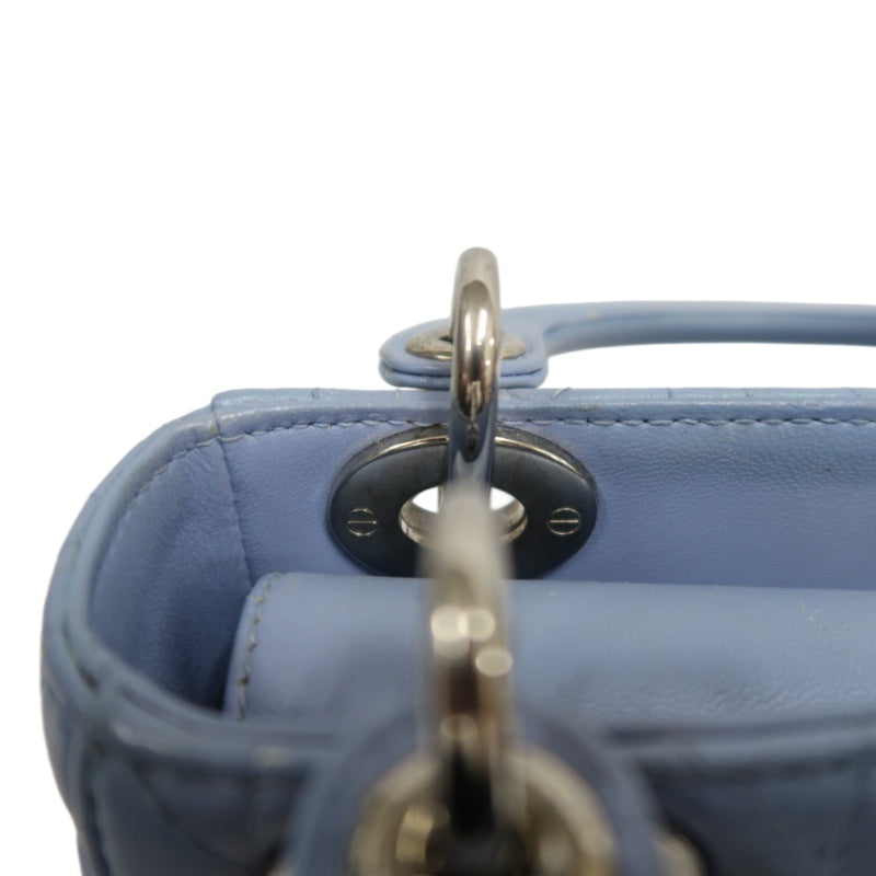 DIOR Lady Dior Cannage Quilted Lambskin Handbag Foggy Blue Gold Hardware With Shoulder Strap