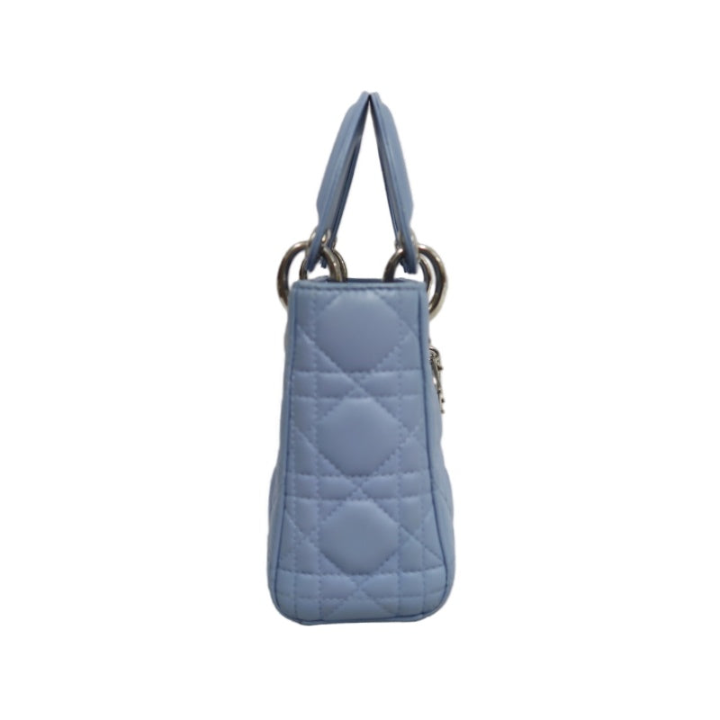 DIOR Lady Dior Cannage Quilted Lambskin Handbag Foggy Blue Gold Hardware With Shoulder Strap