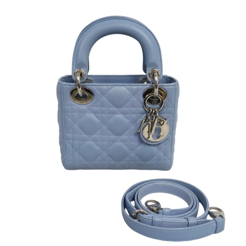 DIOR Lady Dior Cannage Quilted Lambskin Handbag Foggy Blue Gold Hardware With Shoulder Strap