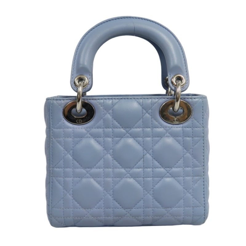 DIOR Lady Dior Cannage Quilted Lambskin Handbag Foggy Blue Gold Hardware With Shoulder Strap