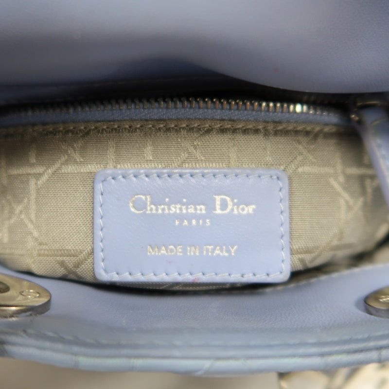 DIOR Lady Dior Cannage Quilted Lambskin Handbag Foggy Blue Gold Hardware With Shoulder Strap