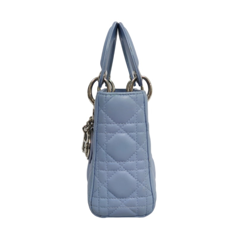 DIOR Lady Dior Cannage Quilted Lambskin Handbag Foggy Blue Gold Hardware With Shoulder Strap