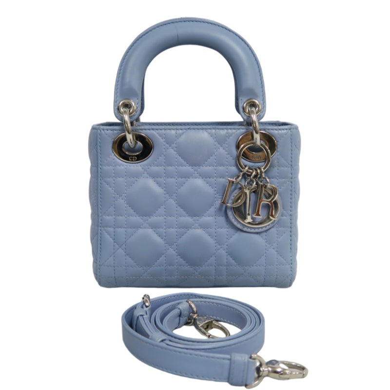 DIOR Lady Dior Cannage Quilted Lambskin Handbag Foggy Blue Gold Hardware With Shoulder Strap