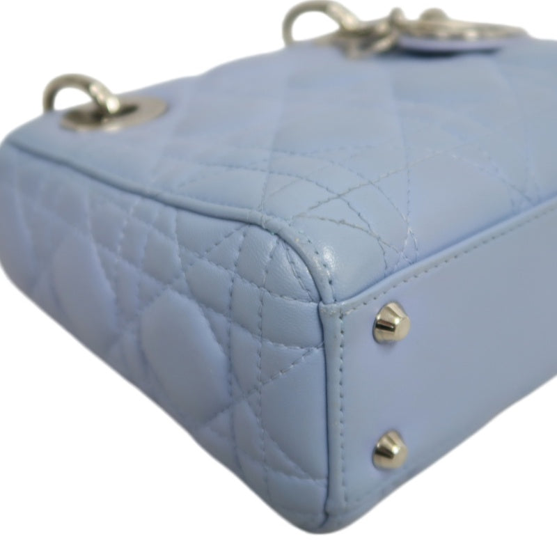 DIOR Lady Dior Cannage Quilted Lambskin Handbag Foggy Blue Gold Hardware With Shoulder Strap