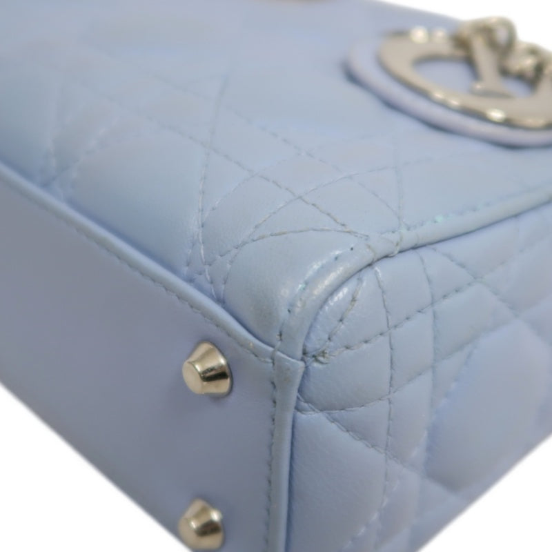 DIOR Lady Dior Cannage Quilted Lambskin Handbag Foggy Blue Gold Hardware With Shoulder Strap
