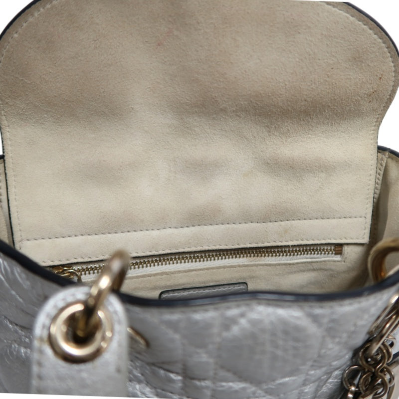 DIOR Lady Dior Cannage Quilted Lambskin Handbag Silver Pearlescent Gold Hardware 5-Format With Shoulder Strap