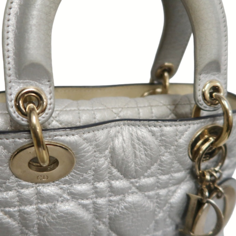 DIOR Lady Dior Cannage Quilted Lambskin Handbag Silver Pearlescent Gold Hardware 5-Format With Shoulder Strap