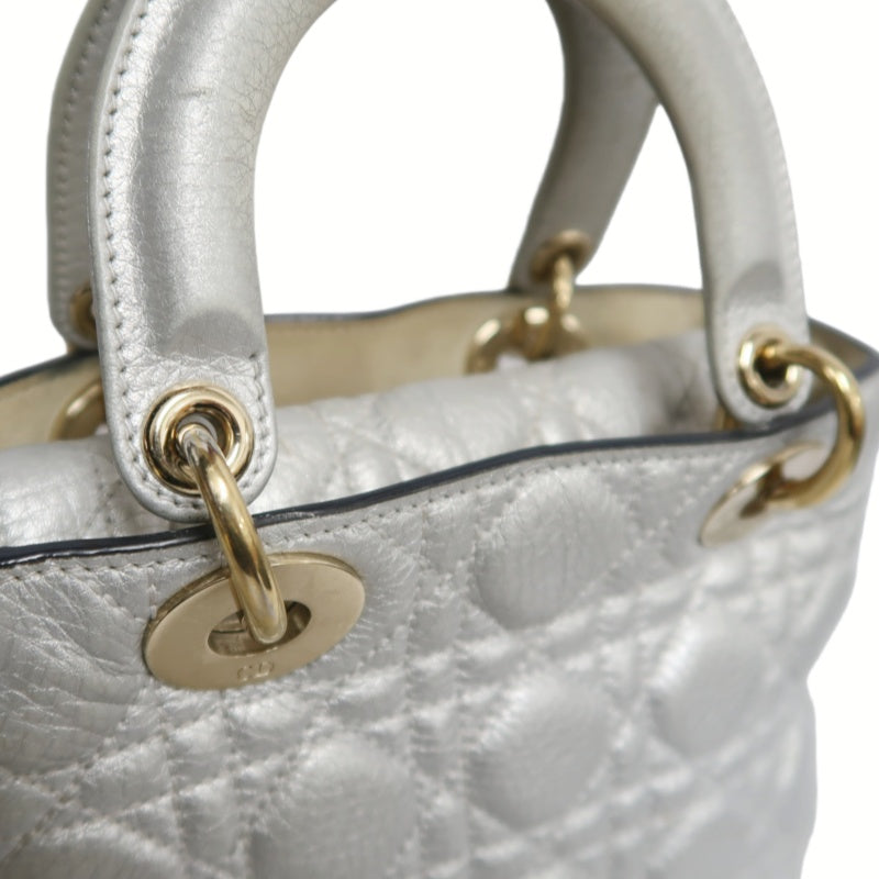 DIOR Lady Dior Cannage Quilted Lambskin Handbag Silver Pearlescent Gold Hardware 5-Format With Shoulder Strap