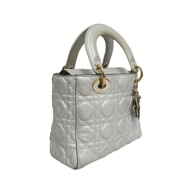 DIOR Lady Dior Cannage Quilted Lambskin Handbag Silver Pearlescent Gold Hardware 5-Format With Shoulder Strap