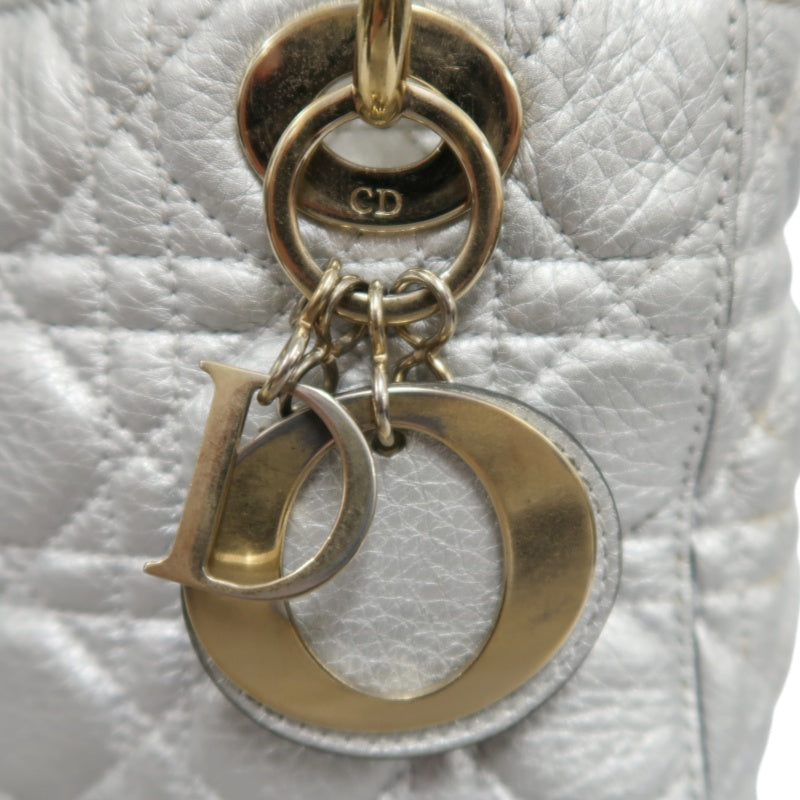 DIOR Lady Dior Cannage Quilted Lambskin Handbag Silver Pearlescent Gold Hardware 5-Format With Shoulder Strap
