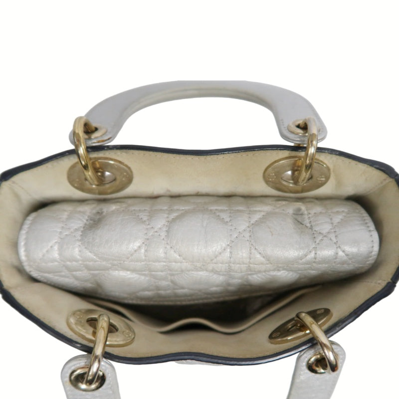 DIOR Lady Dior Cannage Quilted Lambskin Handbag Silver Pearlescent Gold Hardware 5-Format With Shoulder Strap