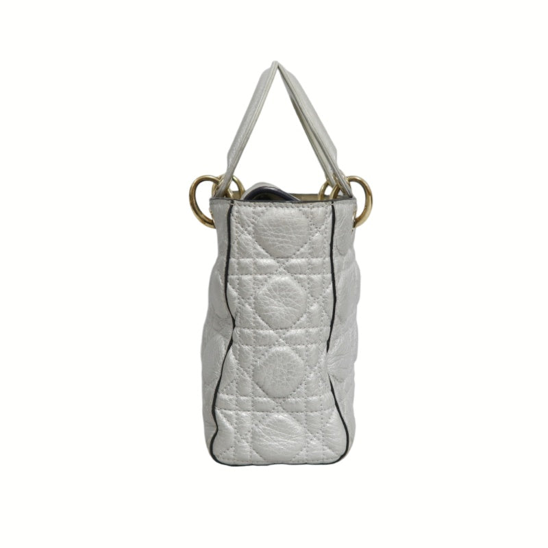 DIOR Lady Dior Cannage Quilted Lambskin Handbag Silver Pearlescent Gold Hardware 5-Format With Shoulder Strap