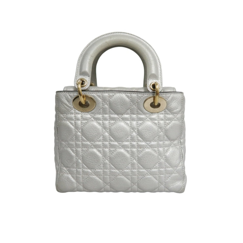 DIOR Lady Dior Cannage Quilted Lambskin Handbag Silver Pearlescent Gold Hardware 5-Format With Shoulder Strap