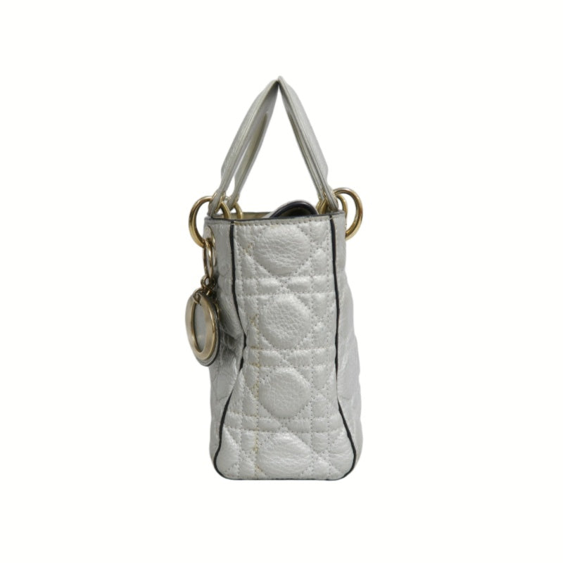 DIOR Lady Dior Cannage Quilted Lambskin Handbag Silver Pearlescent Gold Hardware 5-Format With Shoulder Strap
