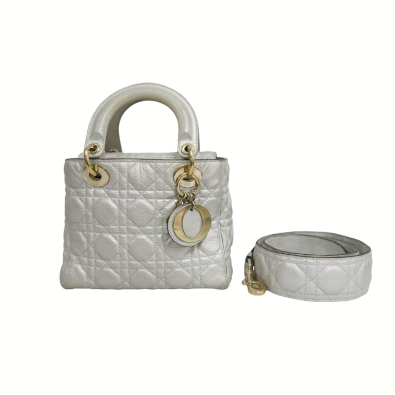 DIOR Lady Dior Cannage Quilted Lambskin Handbag Silver Pearlescent Gold Hardware 5-Format With Shoulder Strap
