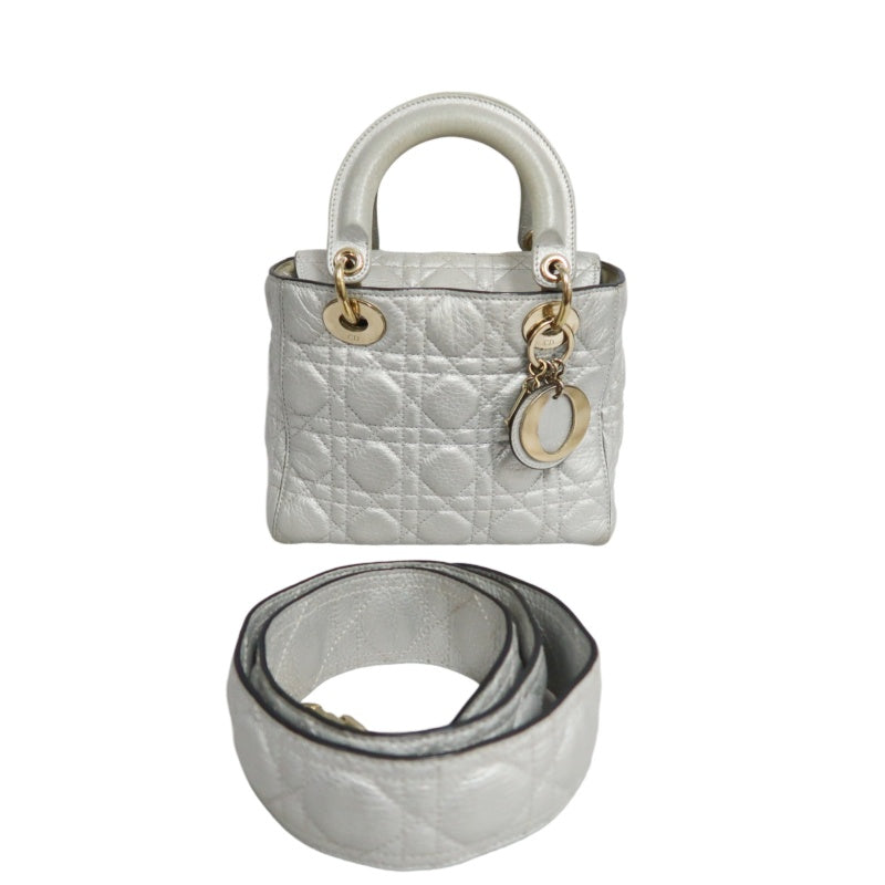 DIOR Lady Dior Cannage Quilted Lambskin Handbag Silver Pearlescent Gold Hardware 5-Format With Shoulder Strap