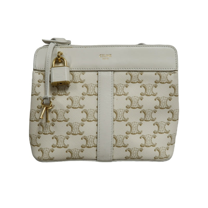 CELINETriomphe Teen Cabas Shoulder Bag 　gold hardware　Canvas Leather White Beige Padlock・two keys