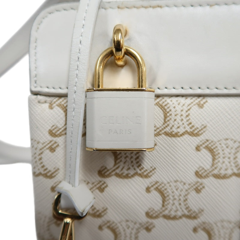 CELINETriomphe Teen Cabas Shoulder Bag 　gold hardware　Canvas Leather White Beige Padlock・two keys