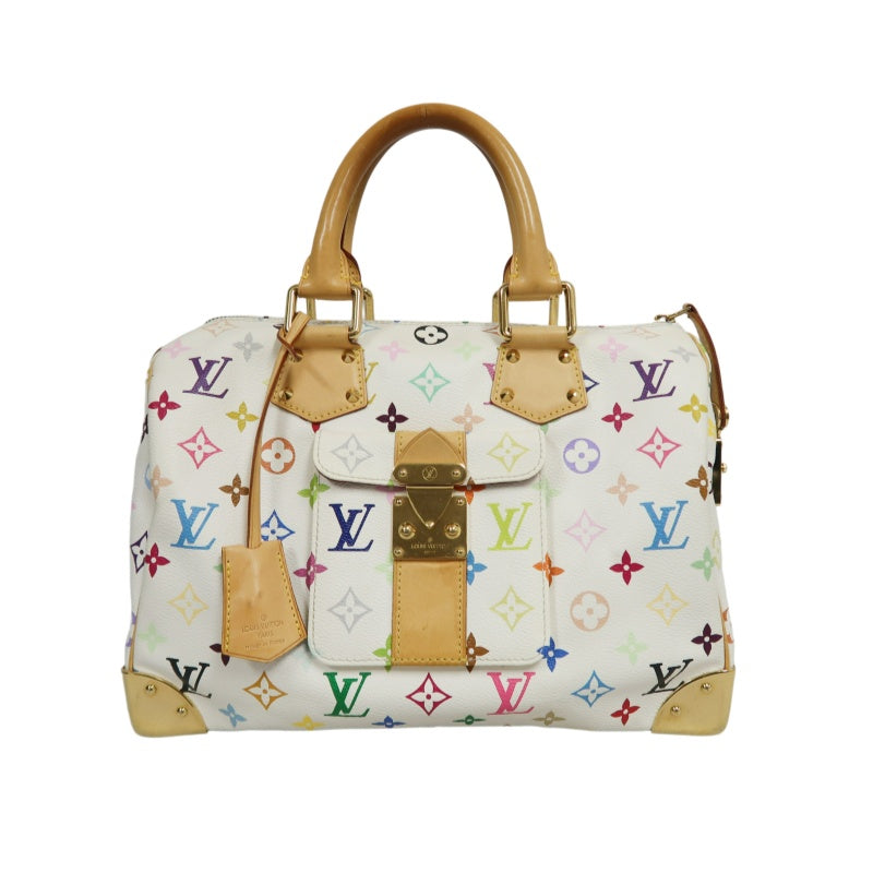 LOUIS VUITTON Monogram Multicolor Speedy 30 Handbag  White Multicolor Gold Hardware   with twoKeys Padlock