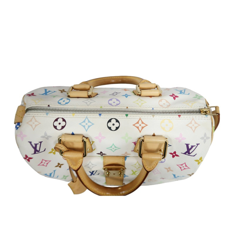 LOUIS VUITTON Monogram Multicolor Speedy 30 Handbag  White Multicolor Gold Hardware   with twoKeys Padlock