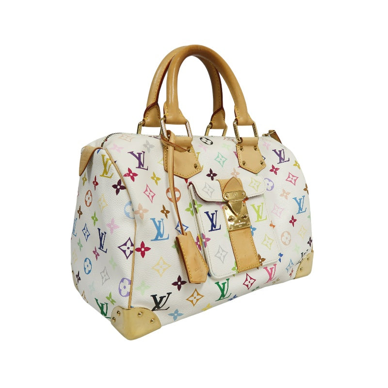 LOUIS VUITTON Monogram Multicolor Speedy 30 Handbag  White Multicolor Gold Hardware   with twoKeys Padlock