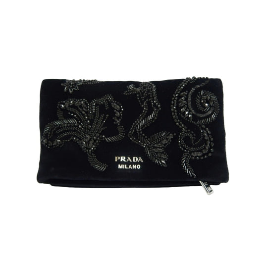 PRADA Clutch Bag Evening Bag Velvet with Bead Decoration Black Silver Hardware