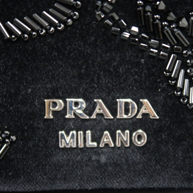 PRADA Clutch Bag Evening Bag Velvet with Bead Decoration Black Silver Hardware