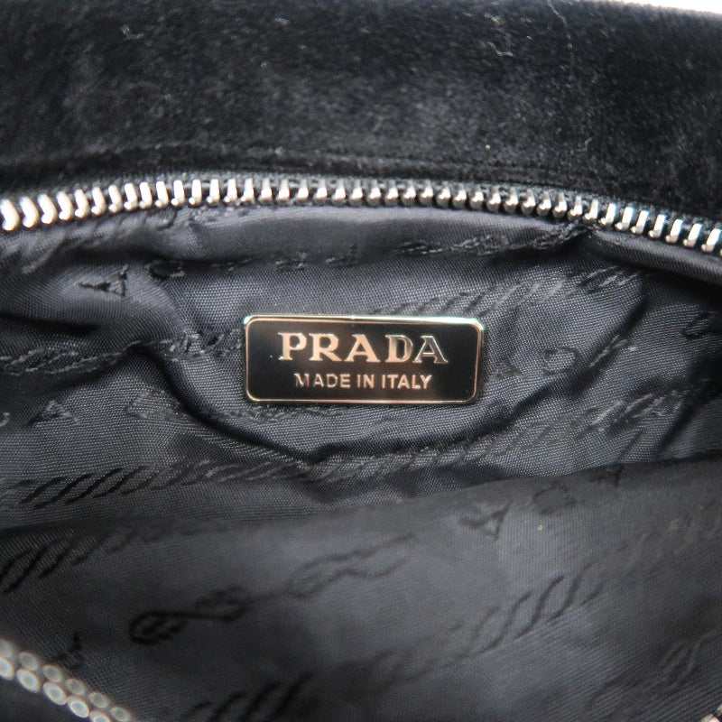 PRADA Clutch Bag Evening Bag Velvet with Bead Decoration Black Silver Hardware