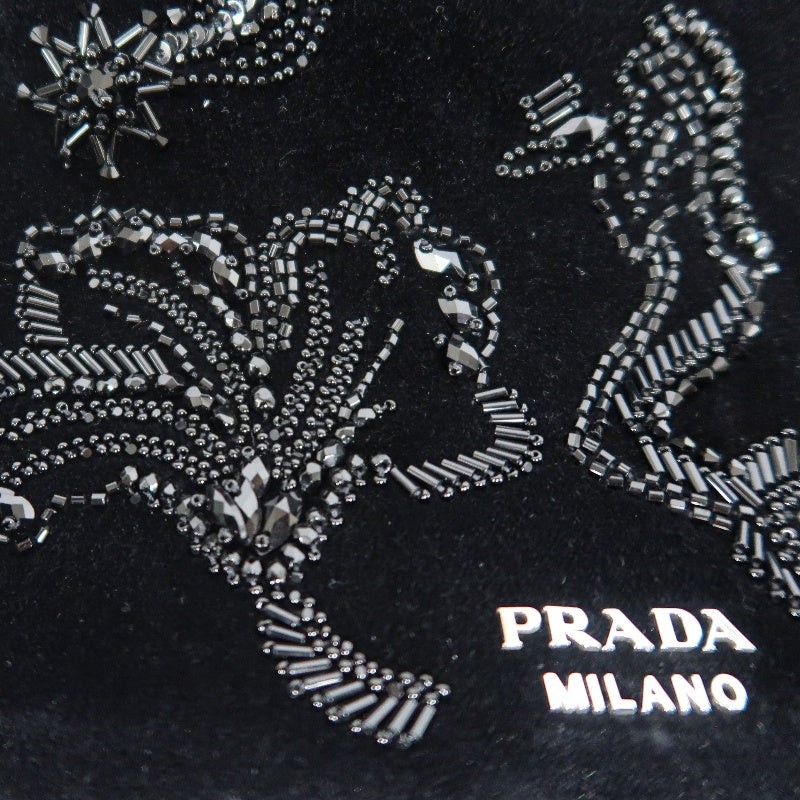 PRADA Clutch Bag Evening Bag Velvet with Bead Decoration Black Silver Hardware