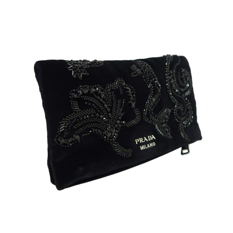 PRADA Clutch Bag Evening Bag Velvet with Bead Decoration Black Silver Hardware