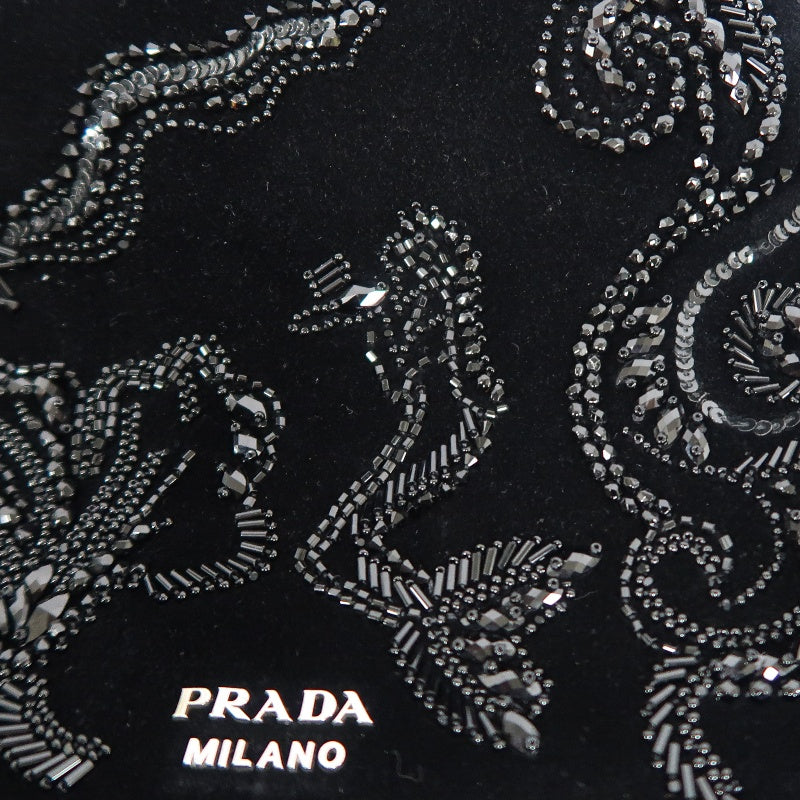 PRADA Clutch Bag Evening Bag Velvet with Bead Decoration Black Silver Hardware