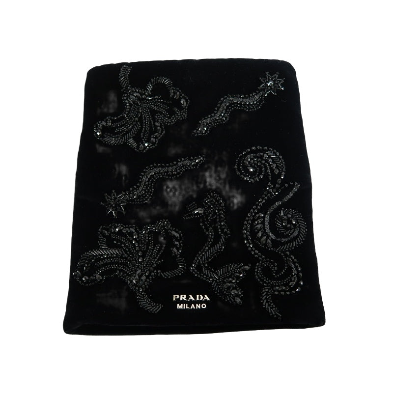 PRADA Clutch Bag Evening Bag Velvet with Bead Decoration Black Silver Hardware