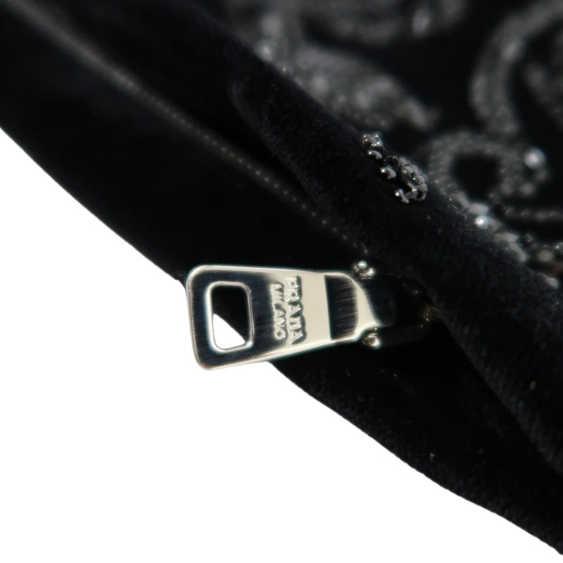 PRADA Clutch Bag Evening Bag Velvet with Bead Decoration Black Silver Hardware