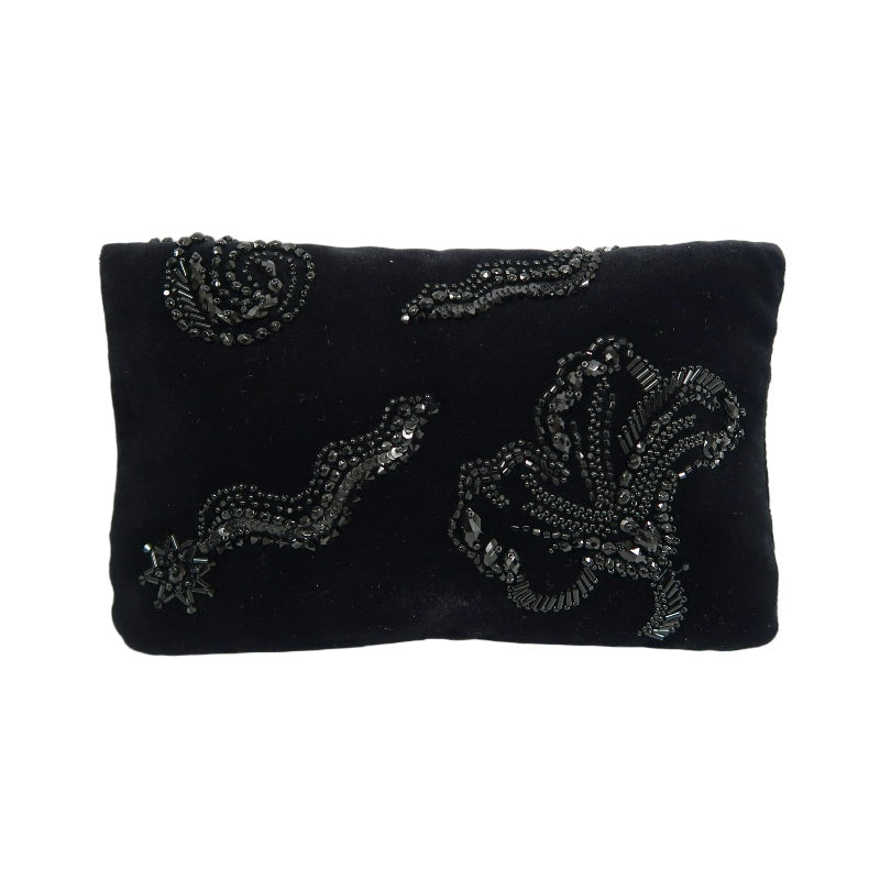 PRADA Clutch Bag Evening Bag Velvet with Bead Decoration Black Silver Hardware