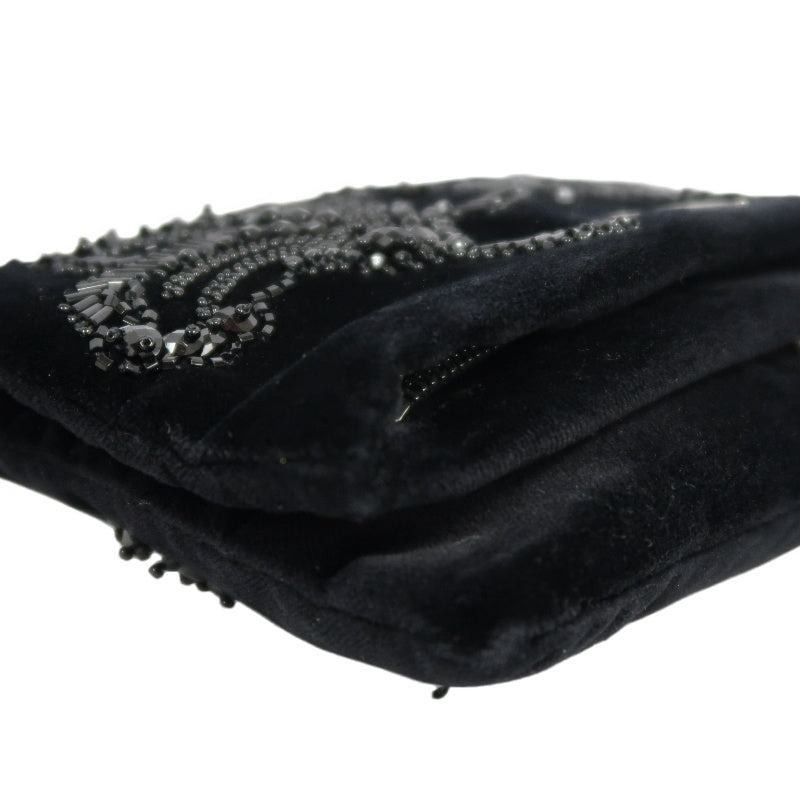 PRADA Clutch Bag Evening Bag Velvet with Bead Decoration Black Silver Hardware