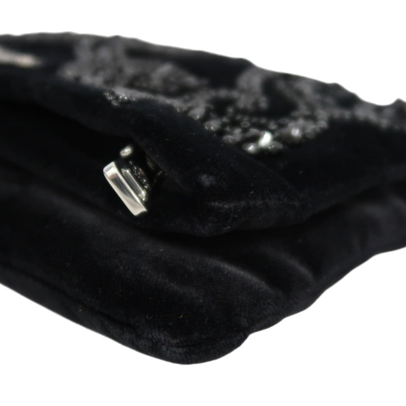 PRADA Clutch Bag Evening Bag Velvet with Bead Decoration Black Silver Hardware