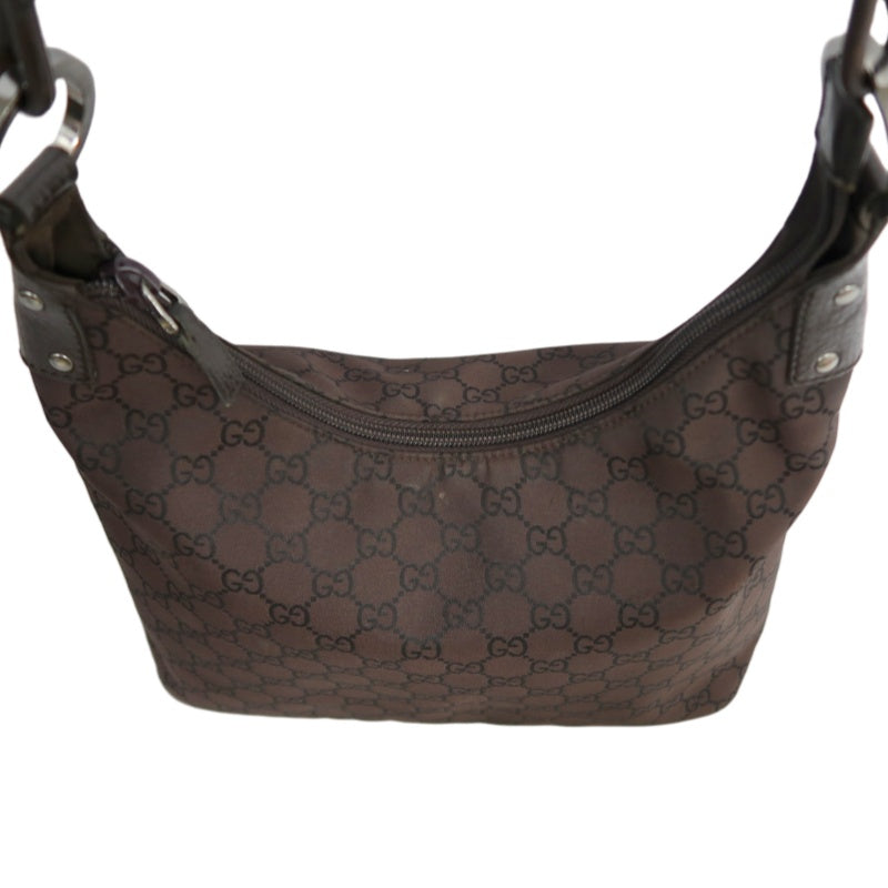 GUCCI GG Nylon One Shoulder Hobo Bag Brown Silver Hardware