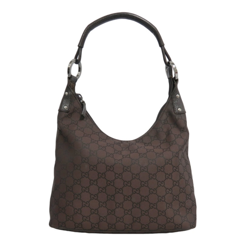 GUCCI GG Nylon One Shoulder Hobo Bag Brown Silver Hardware