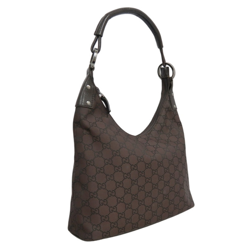 GUCCI GG Nylon One Shoulder Hobo Bag Brown Silver Hardware