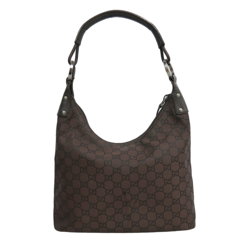 GUCCI GG Nylon One Shoulder Hobo Bag Brown Silver Hardware